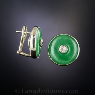 Mid-Century Natural Jade and Diamond Earrings