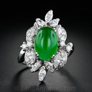 Mid-Century Natural Jade and Diamond Ring