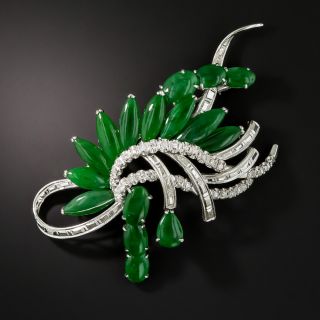 Mid-Century Natural Jade and Diamond Spray Brooch - 2