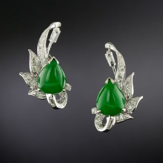 Mid-Century Natural Pear Shape Jade and Diamond Earrings - GIA - 2