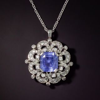 Mid-Century No-Heat 5.50 Carat Emerald-Cut Sapphire and Diamond Pendant - 0