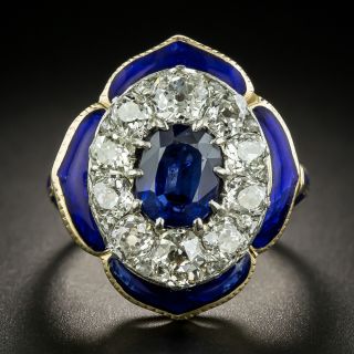 Mid-Century No Heat Sapphire and Diamond Enamel Ring - 2