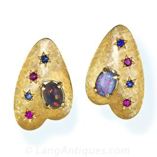 Mid-Century Opal, Ruby and Sapphire Earrings