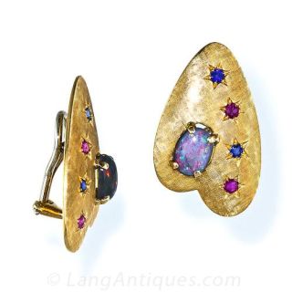 Mid-Century Opal, Ruby and Sapphire Earrings