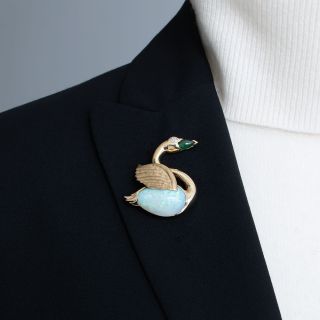 Mid-Century Opal Swan Brooch