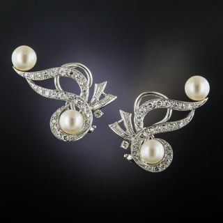 Mid-Century Pearl and Diamond Earrings - 2