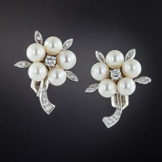 Mid-Century Pearl and Diamond Flower Clip Earrings - 2