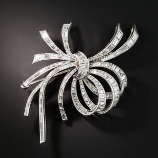 Mid-Century Platinum Baguette Diamond Bow Brooch - 2