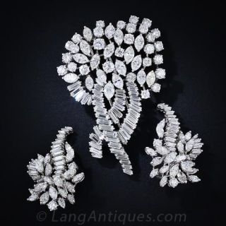 Mid-Century Platinum Diamond Brooch and Earring Suite