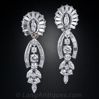 Mid-Century Platinum Diamond Drop Earrings