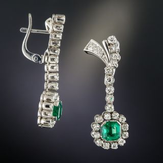 Mid-Century Platinum Emerald Diamond Dangle Earrings