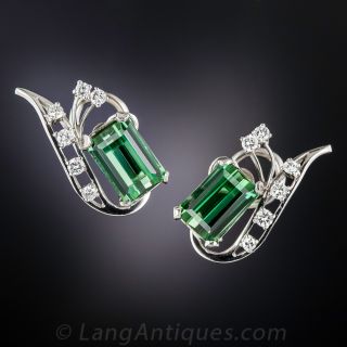Mid-Century Platinum, Tourmaline and Diamond Earrings