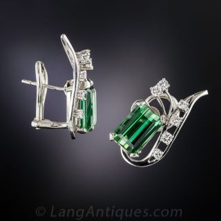 Mid-Century Platinum, Tourmaline and Diamond Earrings