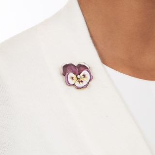 Mid-Century Purple and White Enamel Pansy Pin by Larter