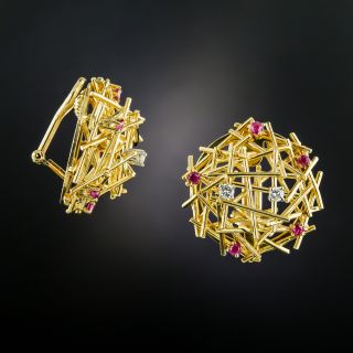 Mid-Century Ruby and Diamond Bird's Nest Earrings - 2