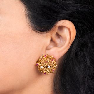 Mid-Century Ruby and Diamond Bird's Nest Earrings