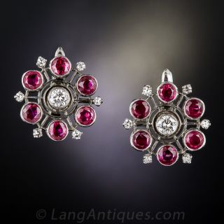 Mid-Century Ruby and Diamond Earrings