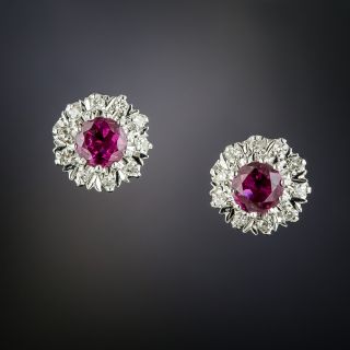 Mid-Century Ruby and Diamond Halo Ear Studs - 4