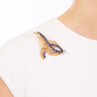Mid-Century Sapphire and Diamond Feather Brooch