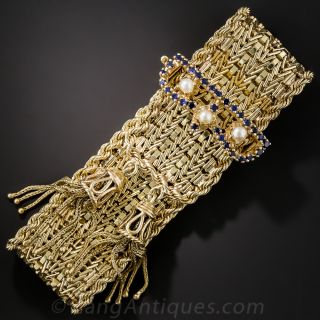 Mid-Century Slide Bracelet With Sapphire and Pearl Clasp