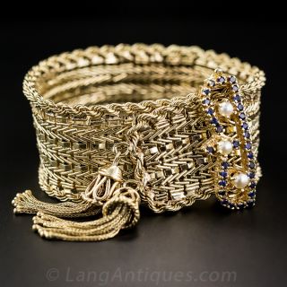 Mid-Century Slide Bracelet With Sapphire and Pearl Clasp