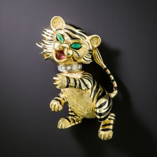 Mid-Century Tiger Cub Enamel and Diamond Brooch by Martine - 2
