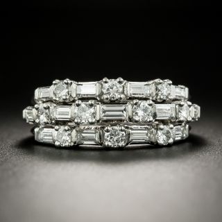 Mid-Century Triple Row Baguette and Round Diamond Band Ring - 3