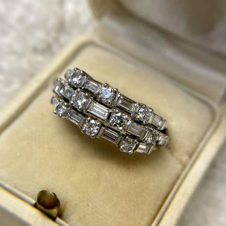 Mid-Century Triple Row Baguette and Round Diamond Band Ring