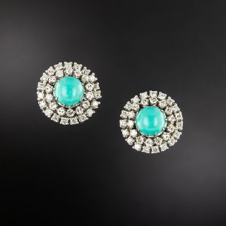 Mid-Century Turquoise and Diamond Halo Earrings - 2