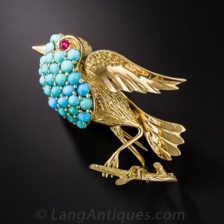 Mid-Century Turquoise Bird Brooch - 1