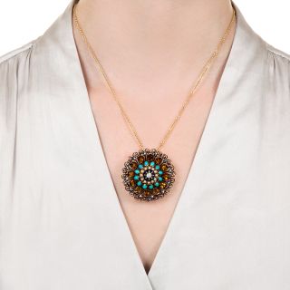 Mid-Century Turquoise, Pearl, Citrine and Diamond Brooch 