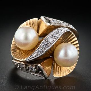Mid-Century Twin Pearl and Diamond Ring