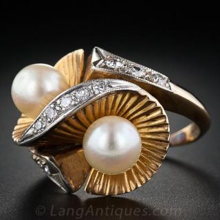 Mid-Century Twin Pearl and Diamond Ring