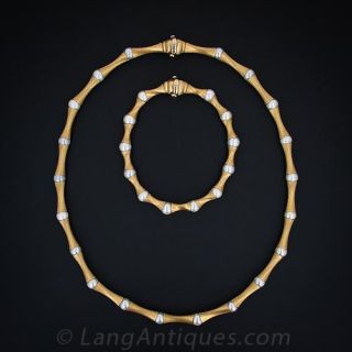Mid-Century Yellow Gold and Pearl 'Bone' Necklace and Bracelet