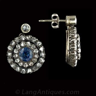 Mid-Victorian Sapphire and Rose Cut Diamond Drop Earrings