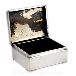 Mixed Metal Japanese Silver Box Depicting Shinto Shrine 
