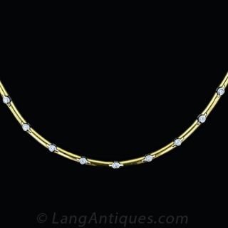 Modern 18k Yellow Gold and Diamond Tube Necklace