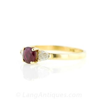 Modern 18K Yellow Gold Three Stone Ruby and Diamond Ring
