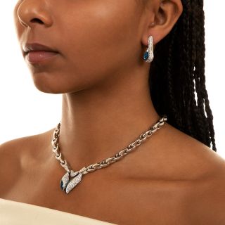 Modern Blue Topaz and Diamond Necklace And Earrings