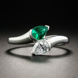 Modern Emerald and Diamond Platinum Bypass Ring