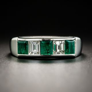 Modern Emerald Diamond Platinum Band Ring - 1