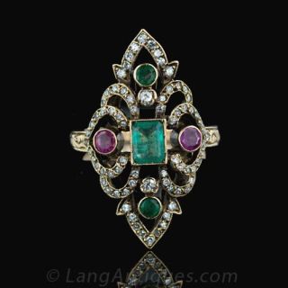 Moghul Style Emerald  Ruby and Diamond Ring Main View