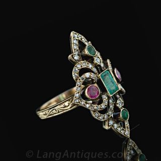 Moghul Style Emerald, Ruby and Diamond Ring