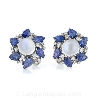 1950s Moonstone Sapphire Diamond Earrings