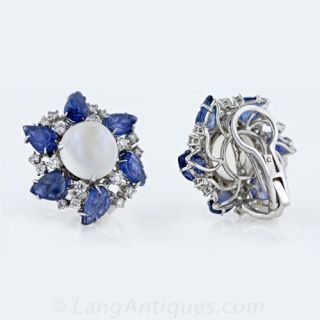 Moonstone, Carved Sapphire and Diamond Earclips