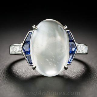 Moonstone, Sapphire, Platinum and Diamond Art Deco Style Ring