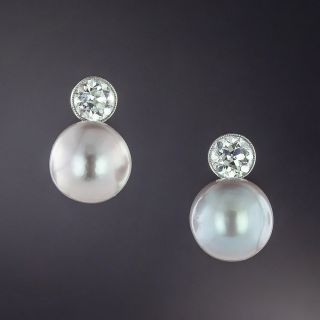 Natural 10 MM Pinkish-Gray Saltwater Pearl and Diamond Earrings - GIA - 1