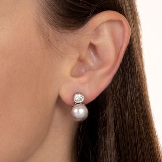 Natural 10 MM Pinkish-Gray Saltwater Pearl and Diamond Earrings - GIA