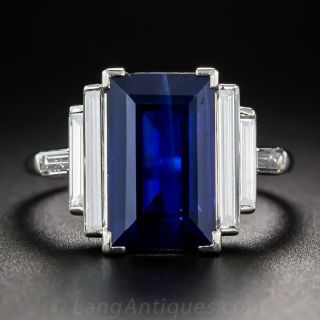 Natural 5.00 Carat Emerald-Cut Sapphire and Long Baguette Diamond Ring