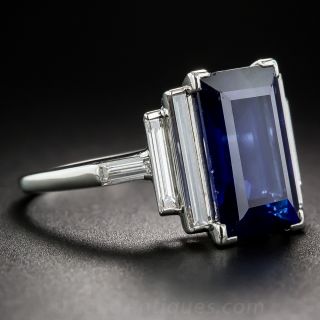 Natural 5.00 Carat Emerald-Cut Sapphire and Long Baguette Diamond Ring